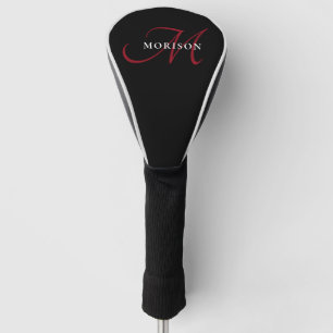 Elegant Modern Black Red Script Monogram Golf Head Cover