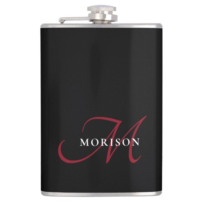 Elegant Modern Black Red Script Monogram Hip Flask (Front)
