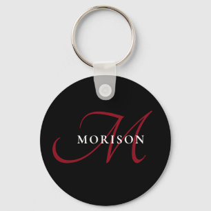 Elegant Modern Black Red Script Monogram Keychain