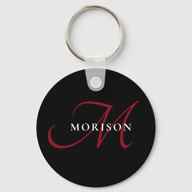 Elegant Modern Black Red Script Monogram Keychain (Front)