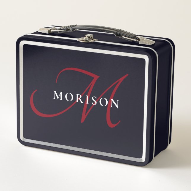 Elegant Modern Black Red Script Monogram Metal Lunch Box (Front)