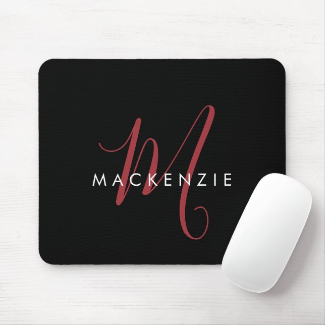 Elegant Modern Black Red Script Monogram Mouse Pad (With Mouse)