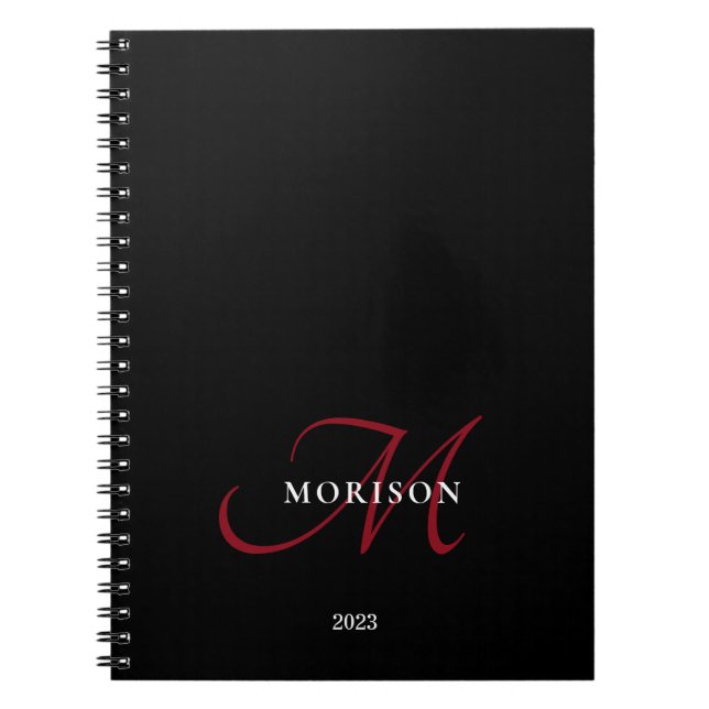 Elegant Modern Black Red Script Monogram Notebook (Front)