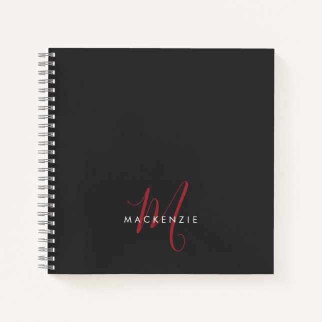 Elegant Modern Black Red Script Monogram Notebook (Front)