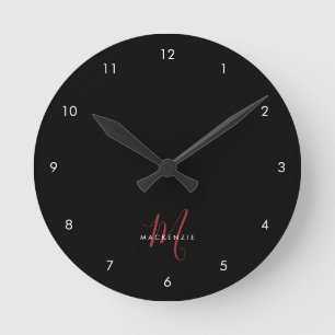 Elegant Modern Black Red Script Monogram Round Clock