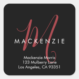 Elegant Modern Black Red Script Monogram Square Sticker