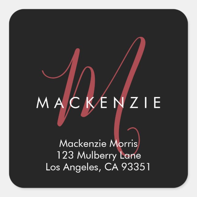 Elegant Modern Black Red Script Monogram Square Sticker (Front)