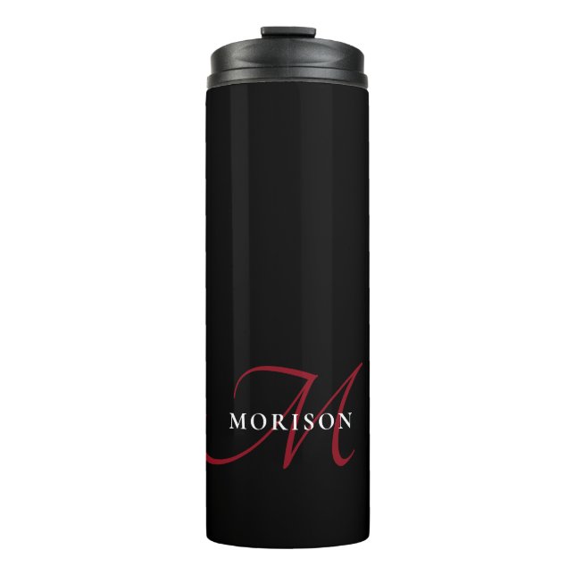 Elegant Modern Black Red Script Monogram Thermal Tumbler (Front)
