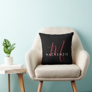 Elegant Modern Black Red Script Monogram Throw Pillow