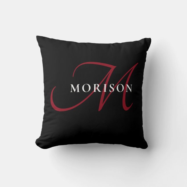 Elegant Modern Black Red Script Monogram Throw Pillow (Front)