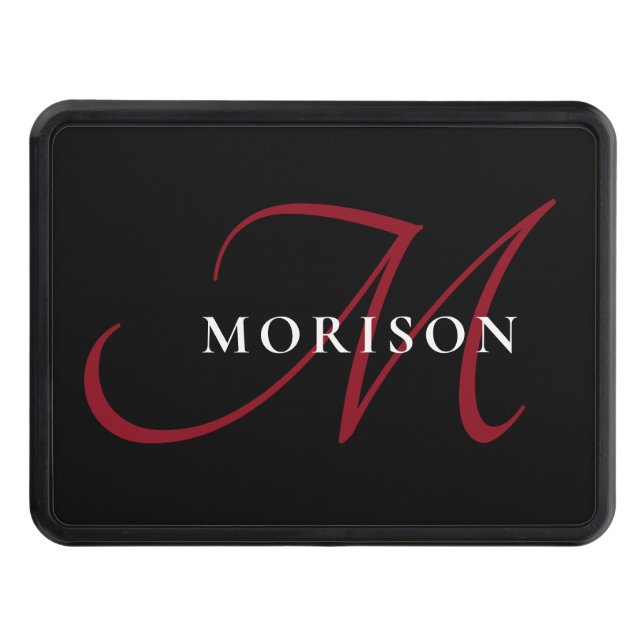 Elegant Modern Black Red Script Monogram Trailer Hitch Cover (Front)