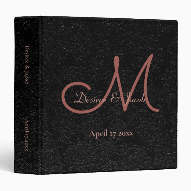 Elegant Modern Black Rose Gold Wedding Monogram Binder (Front/Spine)