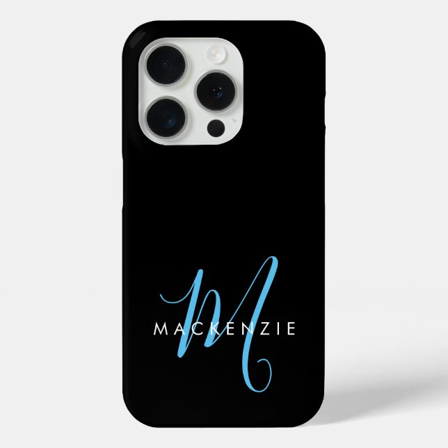 Elegant Modern Black Sky Blue Script Monogram Case-Mate iPhone Case (Back)