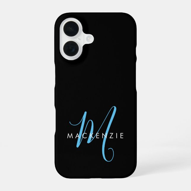 Elegant Modern Black Sky Blue Script Monogram iPhone 16 Case (Back)