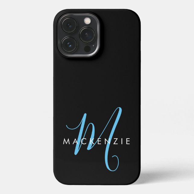 Elegant Modern Black Sky Blue Script Monogram iPhone Case (Back)