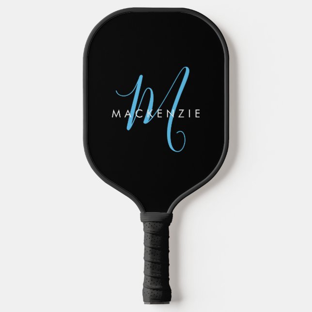 Elegant Modern Black Sky Blue Script Monogram Pickleball Paddle (Front)