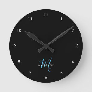 Elegant Modern Black Sky Blue Script Monogram Round Clock