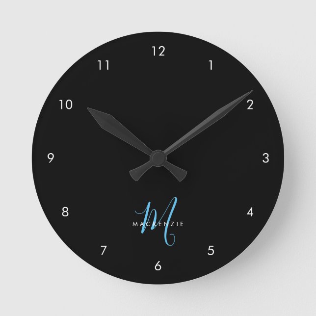 Elegant Modern Black Sky Blue Script Monogram Round Clock (Front)