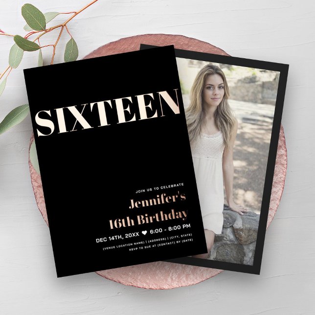 ELEGANT Modern Black Sweet 16 Typography  (ELEGANT Modern Black Sweet 16 Typography Foil Invitation)