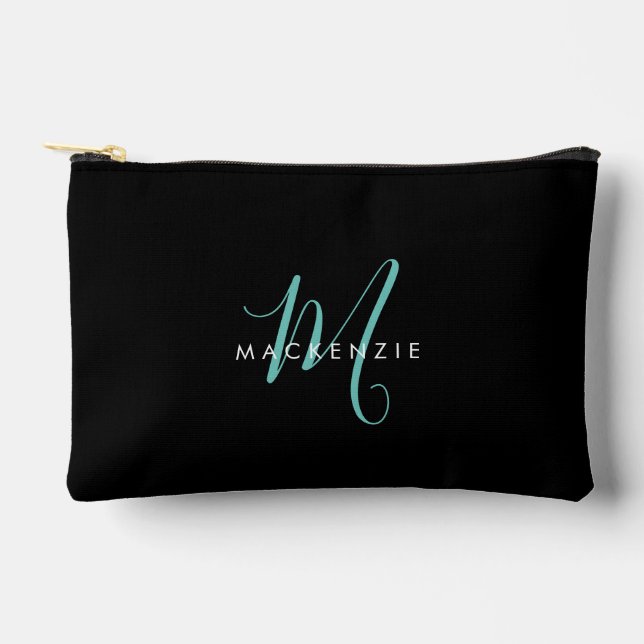Elegant Modern Black Teal Script Monogram Accessory Pouch (Front)