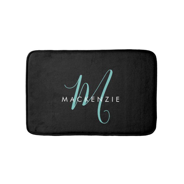 Elegant Modern Black Teal Script Monogram Bath Mat (Front)