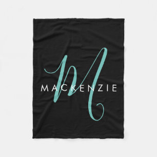 Elegant Modern Black Teal Script Monogram Fleece Blanket