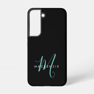 Elegant Modern Black Teal Script Monogram Samsung Galaxy Case