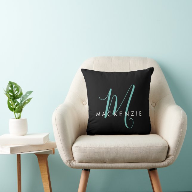 Elegant Modern Black Teal Script Monogram Throw Pillow (Chair)