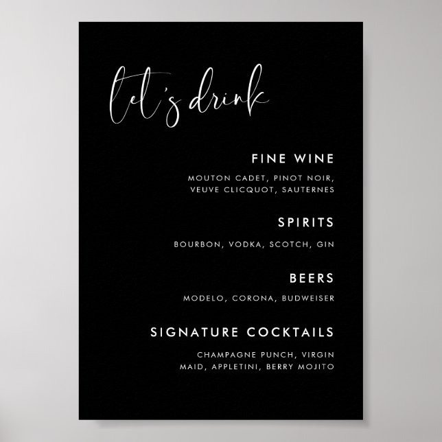 Elegant & Modern Black wedding Bar menu Poster (Front)