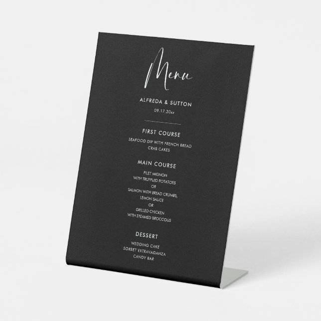 Elegant & modern black wedding menu pedestal sign (Front)