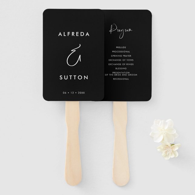 Elegant & Modern Black Wedding program Hand Fan (Front and Back)