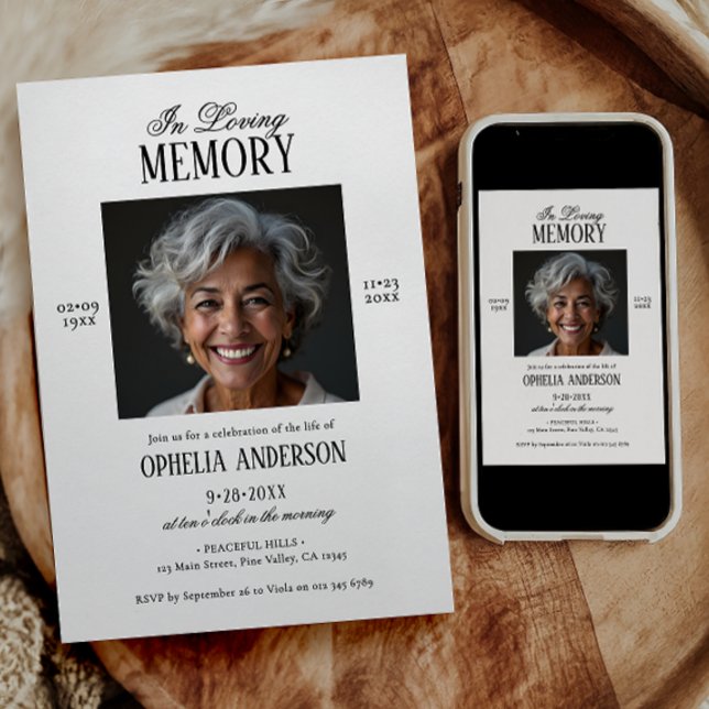 Elegant Modern Black & White 2-Photo Funeral Invitation (Creator Uploaded)