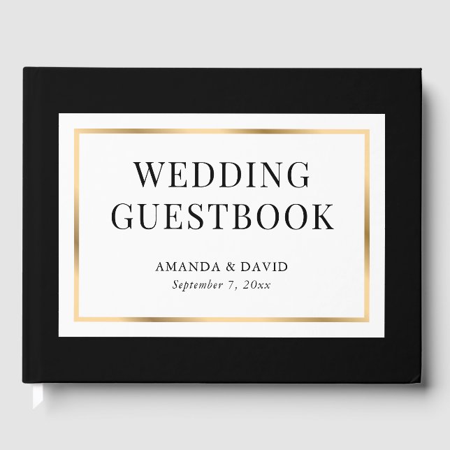 Elegant Modern Black White and Gold Wedding Guest Book (Front)