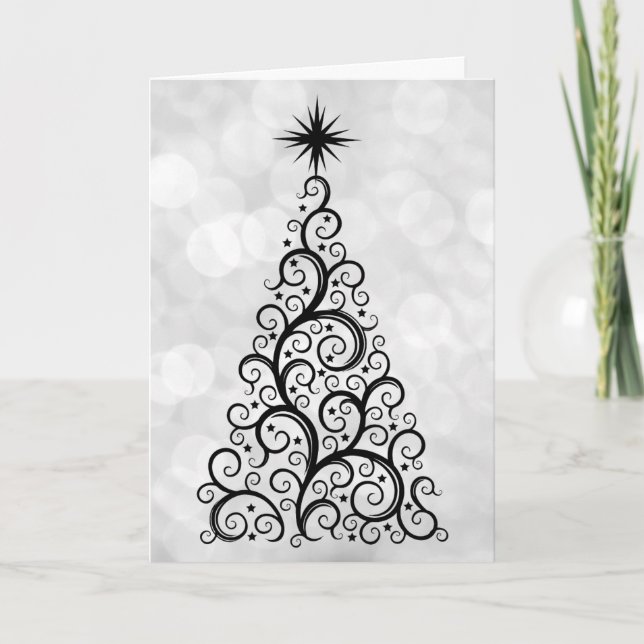 Elegant Modern Black White Christmas Tree Holiday Card (Front)