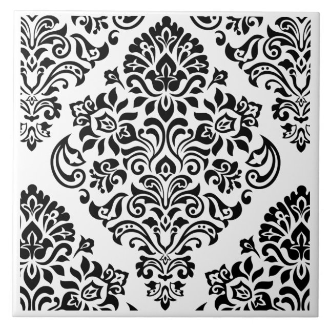 Elegant Modern Black White Damask Floral Trendy Tile (Front)