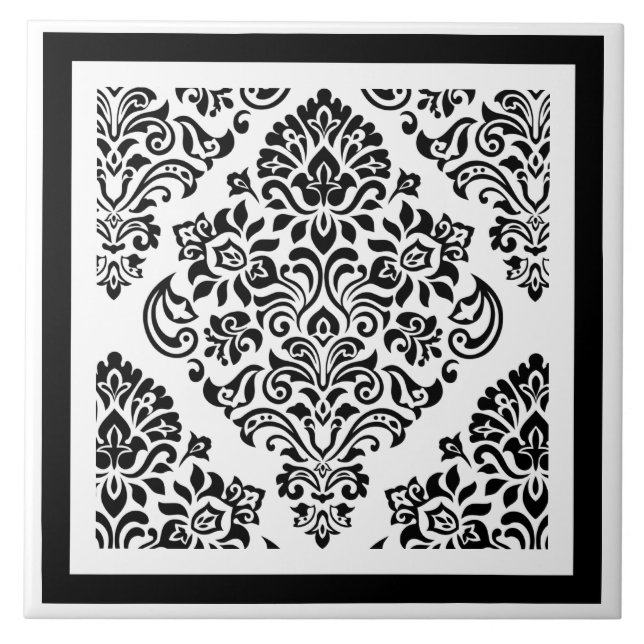 Elegant Modern Black White Damask Pattern Trendy Tile (Front)