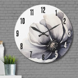 Elegant Modern Black White Floral Large Clock<br><div class="desc">Cute and simple modern black and white flower wedding design. A classic but whimsical look with black, grey and cream coloured flowers with black fonts and modern lettering. Edit all of the text to your own information. You can even change out the background colour to anything you want! I also...</div>