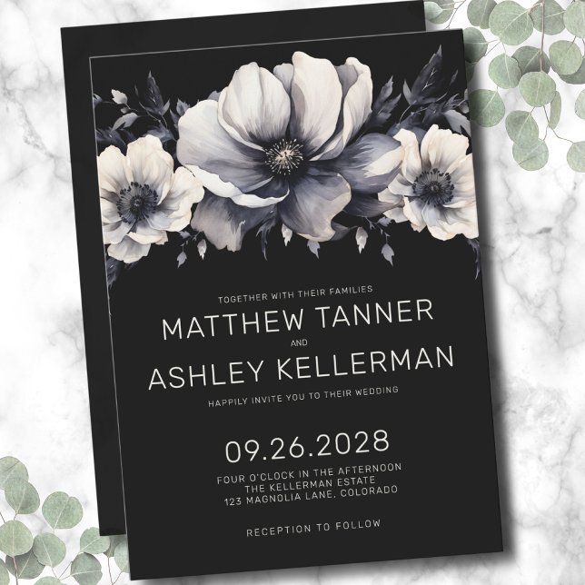 Elegant Modern Black White Floral Wedding Invitation (Elegant Modern Black White Floral Wedding Invitation)