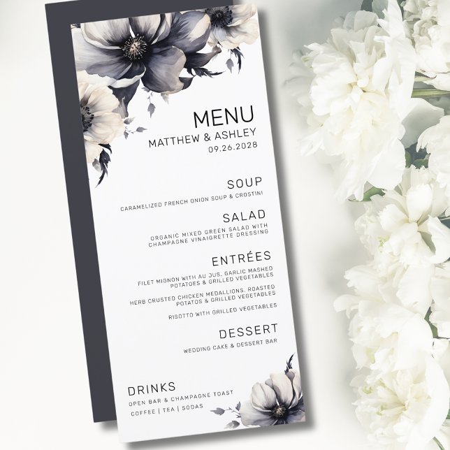 Elegant Modern Black White Floral Wedding Menu (Simple Elegant Modern Floral Black White Wedding Menu)