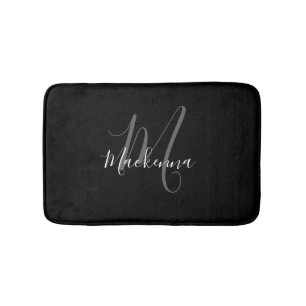 Elegant Modern Black White Monogram Script Name Bath Mat