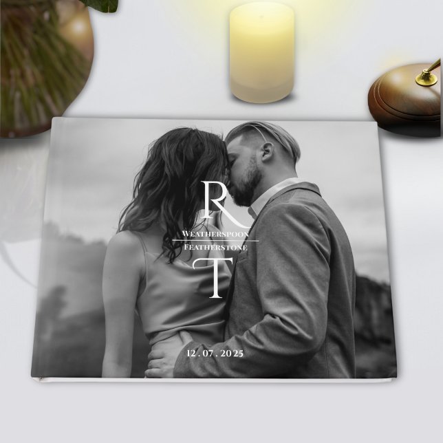 Elegant Modern Black White Photo Monogram Wedding Guest Book (Creator Uploaded)