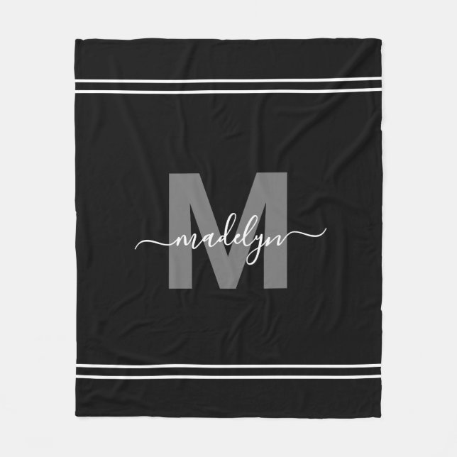 Elegant Modern Black White Script Name Monogram Fleece Blanket (Front)