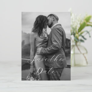 Elegant Modern Black White Script Photo Wedding Save The Date