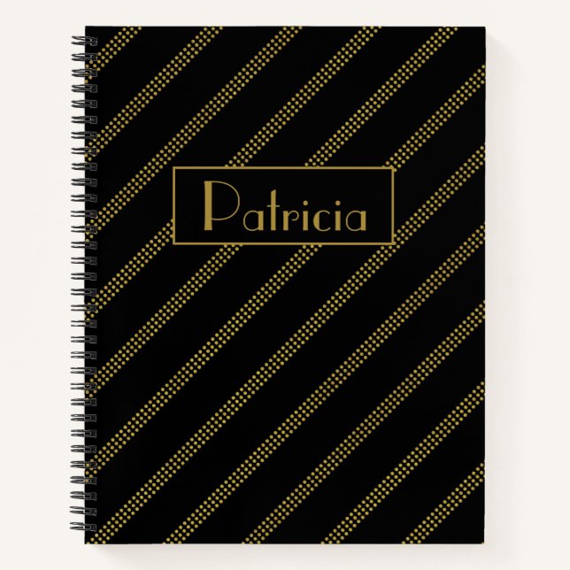 Elegant Modern Black with Dotted Gold Lines Notebook (Front)