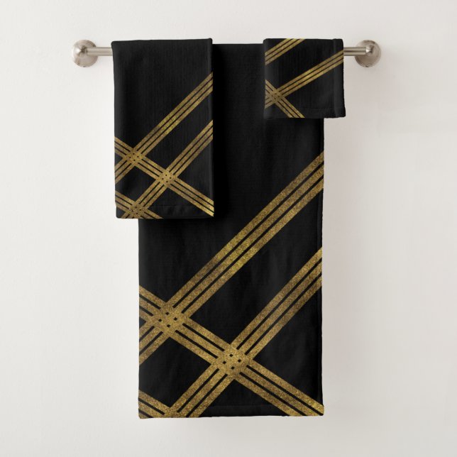 Elegant Modern Black with Gold Lines Towel Set (Insitu)