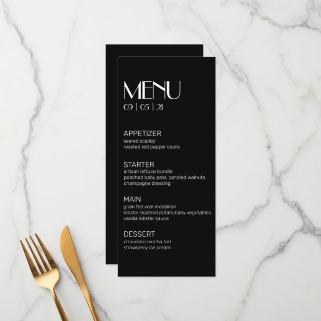 Elegant Modern Black with White Wedding Menu (Front/Back In Situ)