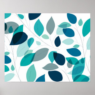 Elegant Modern Blue and Green Leaves Pattern   Poster