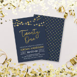 Elegant Modern Blue Faux Gold Lights 21st Birthday Invitation<br><div class="desc">Modern 21st Birthday invitation featuring elegant strings of lights and the word "Twenty One" in faux gold against a dark blue background. Card includes a matching pattern back side. Check out other matching items here https://www.zazzle.com/collections/strings_of_lights_faux_gold_celebration_collection-119311942951401241?rf=238364477188679314 Personalize it by replacing the placeholder text to add your information. For more options click...</div>