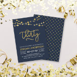 Elegant Modern Blue Faux Gold Lights 30th Birthday Invitation<br><div class="desc">Modern 30th Birthday Party invitation featuring elegant strings of lights and the word "Thirty" in faux gold foil against a dark blue background. Card includes a matching pattern back side. Check out other matching items here https://www.zazzle.com/collections/strings_of_lights_faux_gold_celebration_collection-119311942951401241?rf=238364477188679314 Personalize it by replacing the placeholder text to add your information. For more options...</div>