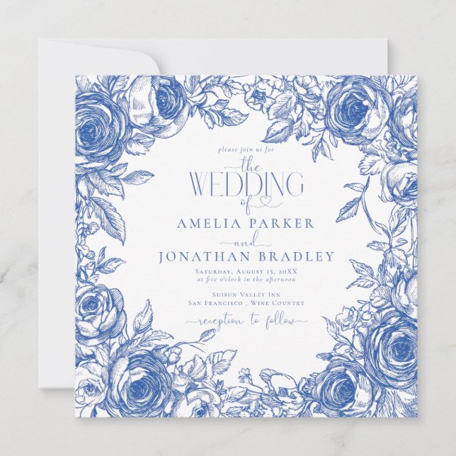 Elegant Modern Blue Florals Wedding Invitation (Front)